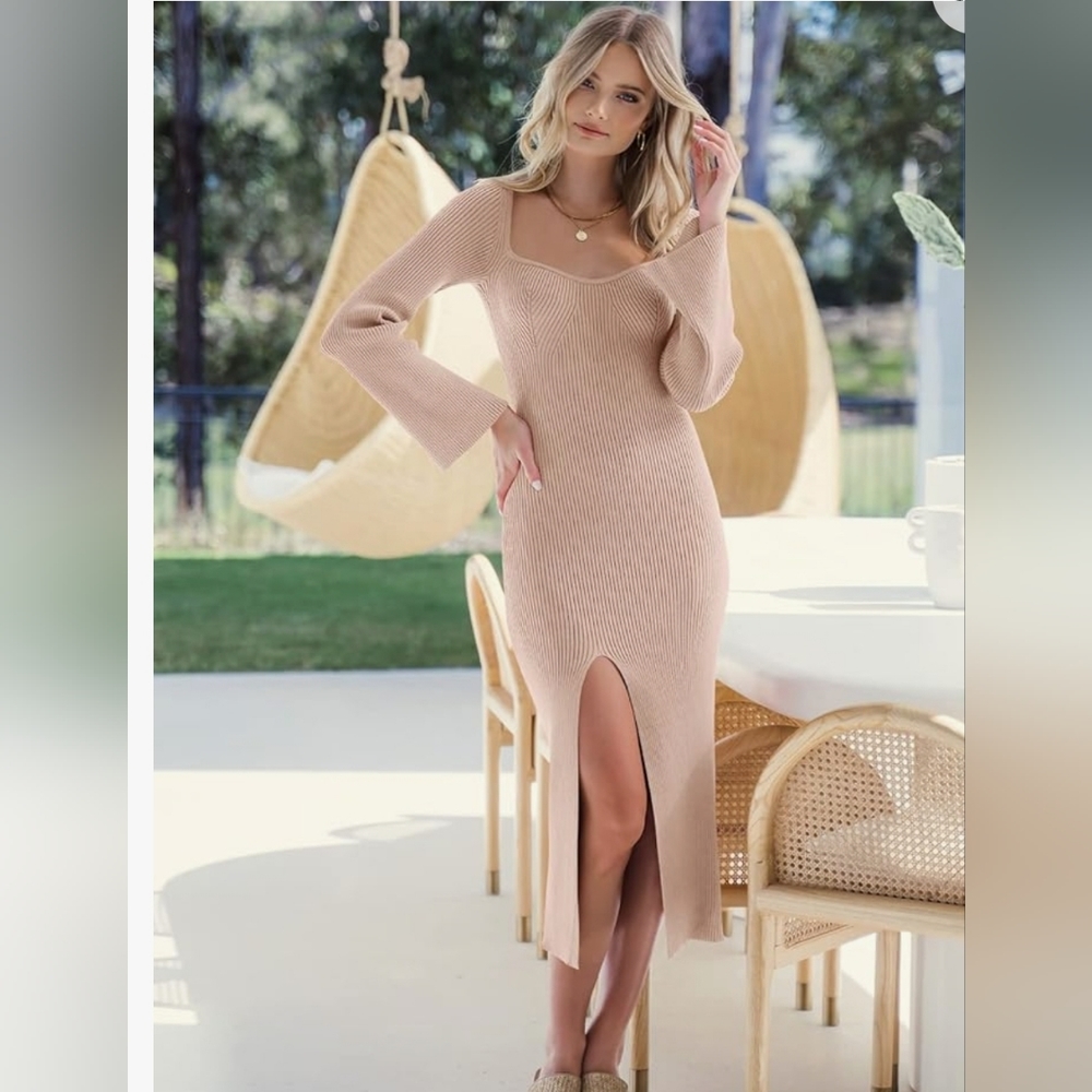 New Long Sleeve Sweetheart Neck Slim Fit Ribbed Knit Slit Midi Sweater S…